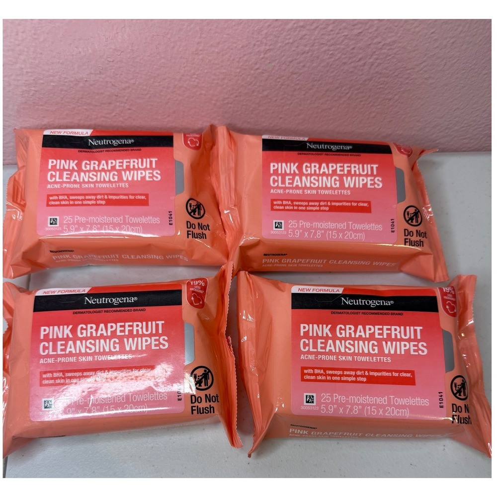 4pk Neutrogena Pink Grapefruit Cleansing Wipes Acne-Prone Skin BHA
